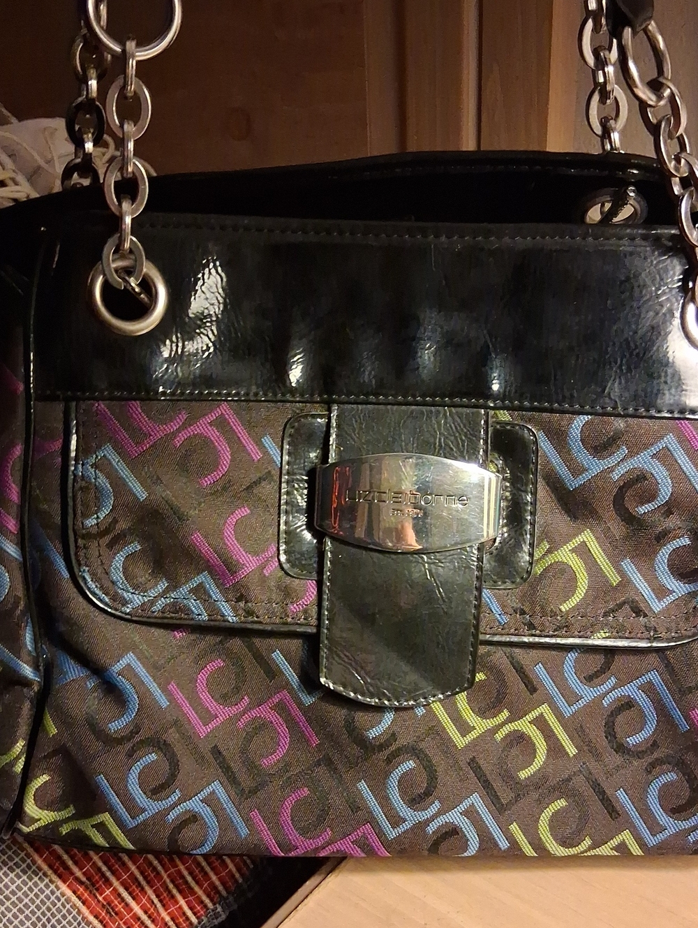 Liz Claiborne Black Trim Multicolor Logo Shoulder Bag
